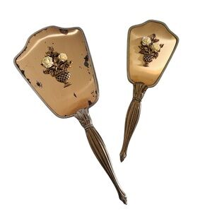 Vintage Hollywood Regency Gold Ladies Hand Mirror and Brush Set Raised Floral